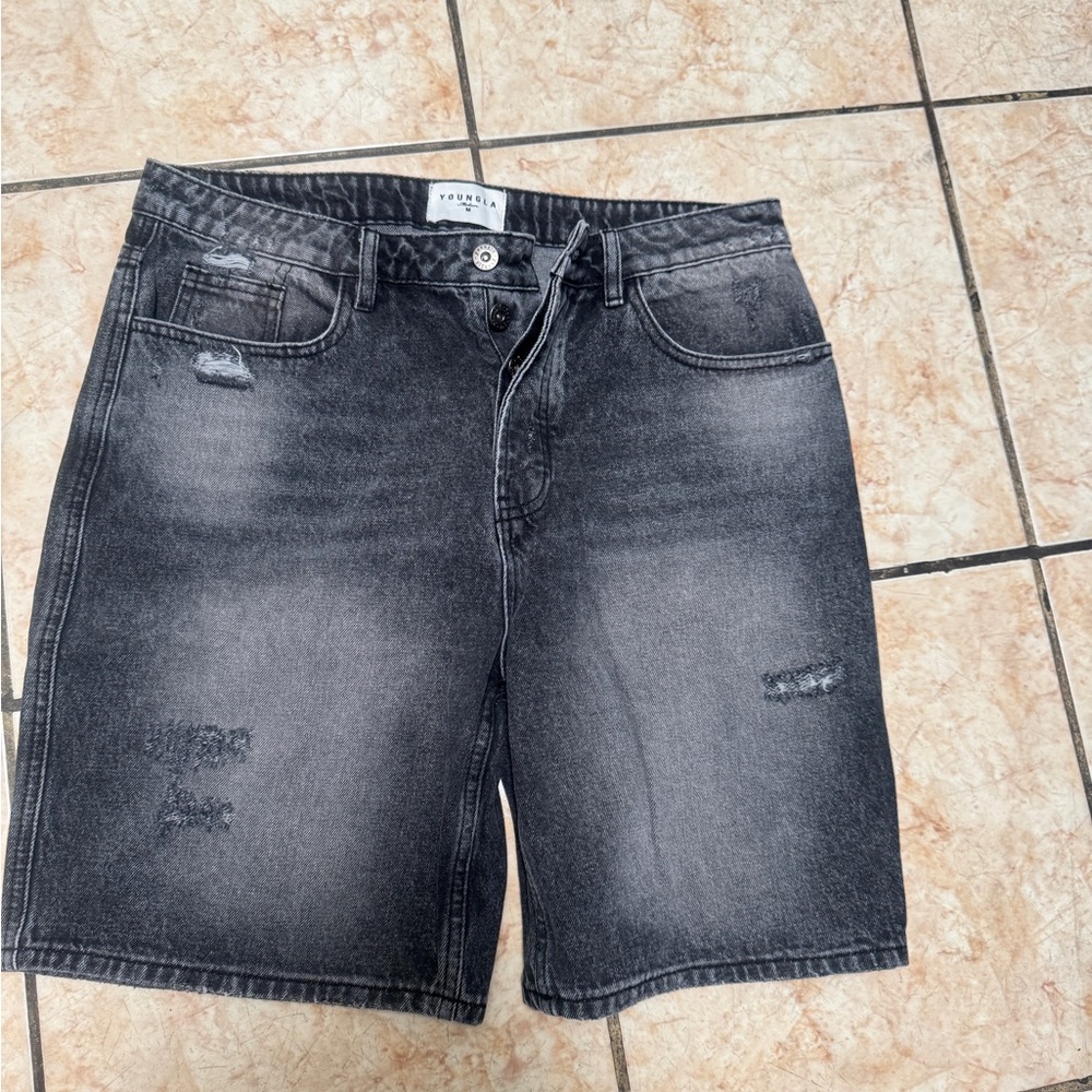 YoungLA Distressed Black Jean Shorts for Men